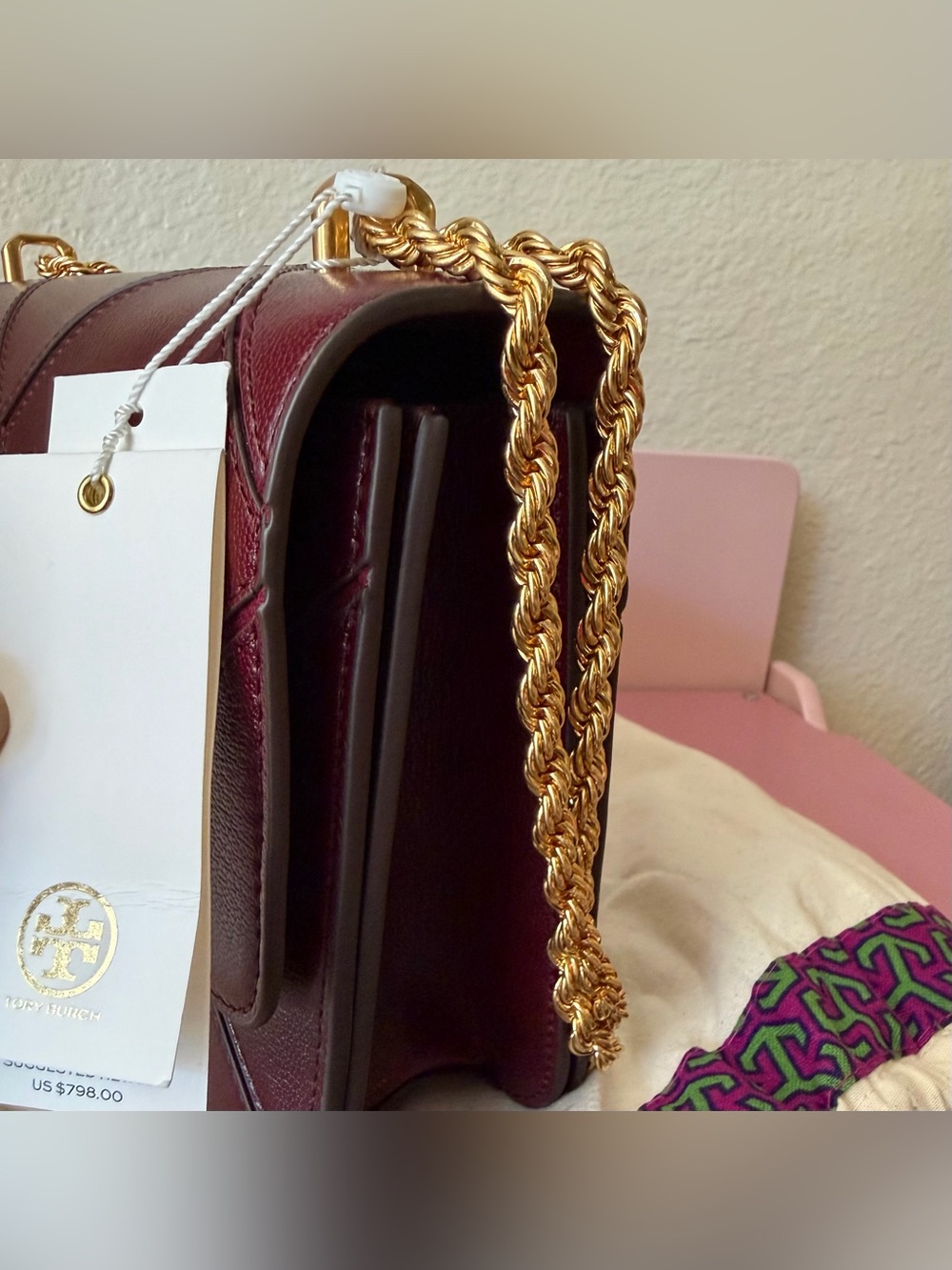 Brand New Tory Burch Eleanor Burgundy Leather Shoulder Bag - Picture 8 of 10